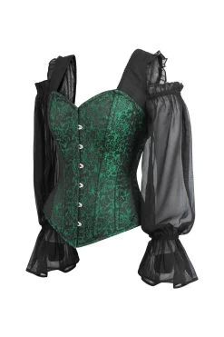 Korsett-Oberteil Aus Schwarz-grünem Brokat Mit Langen Chiffon-Ärmeln -Corset Story BC 0203