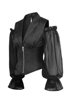 Korsett-Oberteil Aus Schwarzem Brokat Mit Langen Ärmeln Und Reißverschluss -Corset Story BC 0333