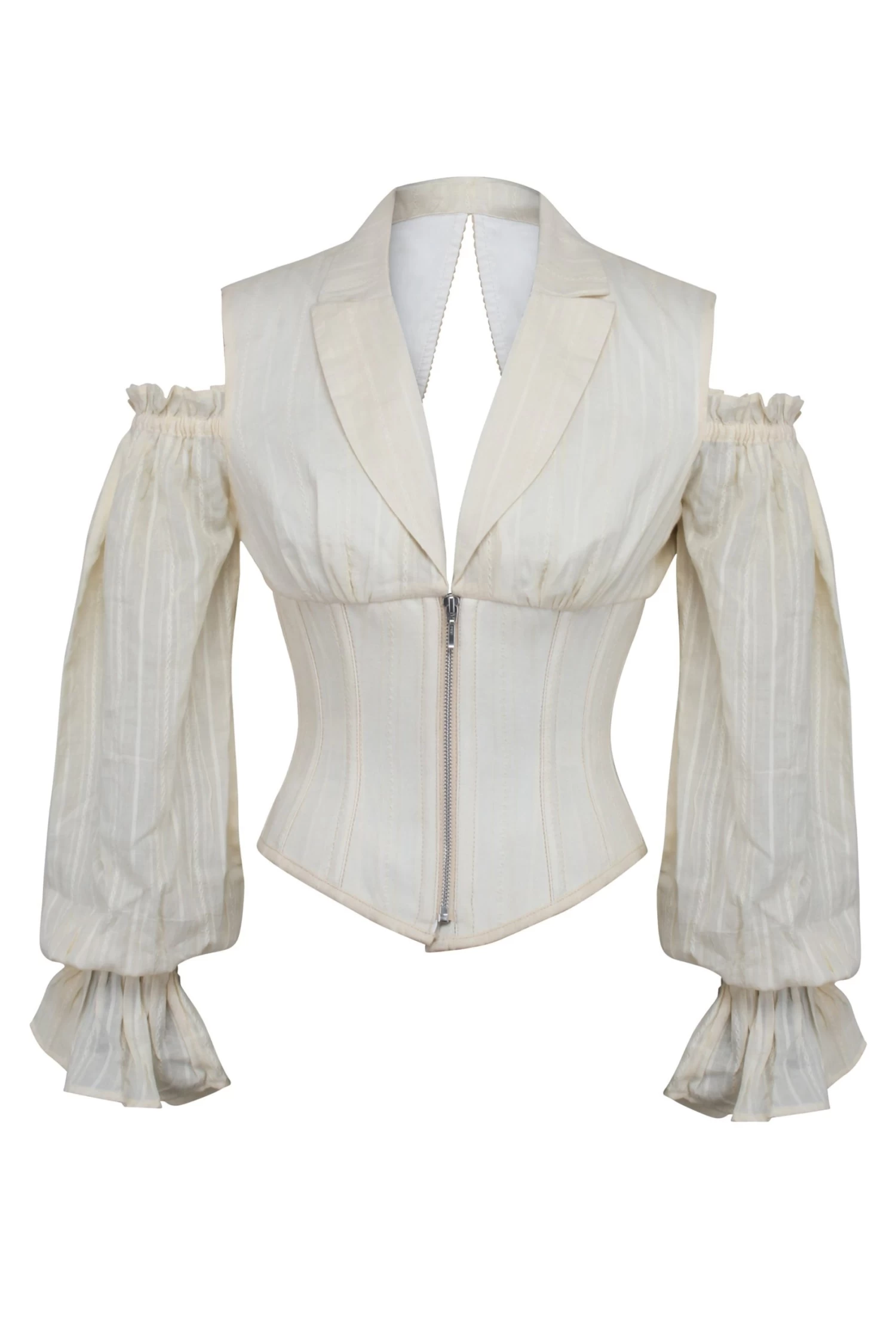 Elfenbeinfarbiges Korsett-Oberteil Mit Vorderem Reißverschluss Und Langen Ärmeln 1 Elfenbeinfarbiges Korsett-Oberteil Mit Vorderem Reißverschluss Und Langen Ärmeln