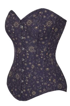 Mystisches Longline Überbrust-Korsett Mit Sonnensystem-Muster In Indigo Und Gold -Corset Story CSFT1613
