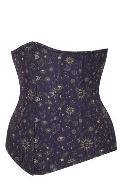 Mystisches Longline Unterbrust-Korsett Mit Sonnensystem-Muster In Indigo Und Gold -Corset Story CSFT1623