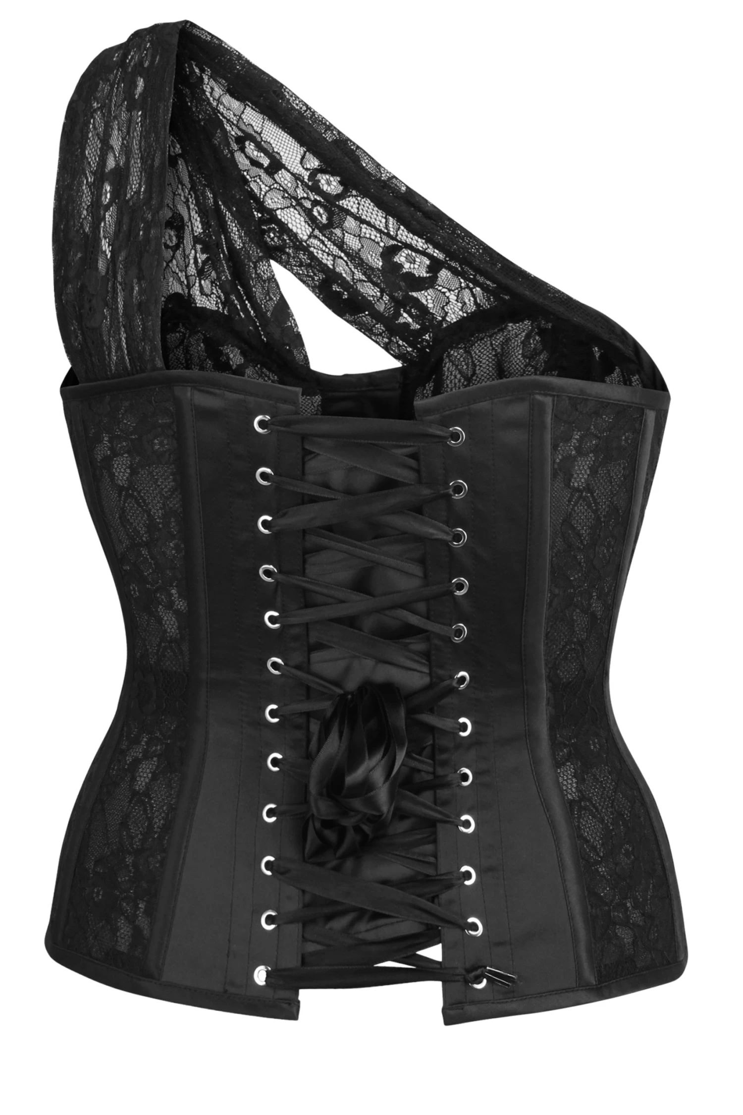 Emmeline Schwarzes Überbrustkorsett Aus Satin Und Spitze Mit Raffinierter Einseitiger Schulterausführung 2 Emmeline Schwarzes Überbrustkorsett Aus Satin Und Spitze Mit Raffinierter Einseitiger Schulterausführung – Bild 2
