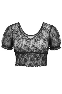 Rayne Bauchfreies Oberteil Aus Schwarzer Spitze, Mit Puffärmeln