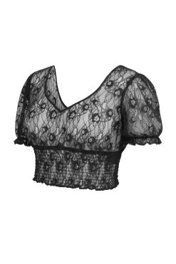 Rayne Bauchfreies Oberteil Aus Schwarzer Spitze, Mit Puffärmeln -Corset Story LO 0293