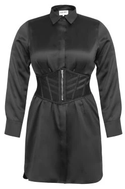 Matilda Beacon Schwarzes Viskose-Hemdkleid Mit Abnähern An Der Taille -Corset Story LO 062 631