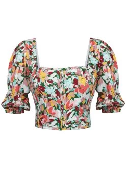 Fern Auffällig Geblümtes, Kurzes Korsett Aus Viskose Mit Puffärmeln