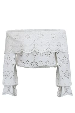 Rosalie – Ein Weißes „Broderie Anglaise“-Baumwoll-Top Mit Bardot-Ausschnitt