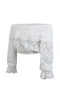 Rosalie – Ein Weißes „Broderie Anglaise“-Baumwoll-Top Mit Bardot-Ausschnitt -Corset Story SC 0763