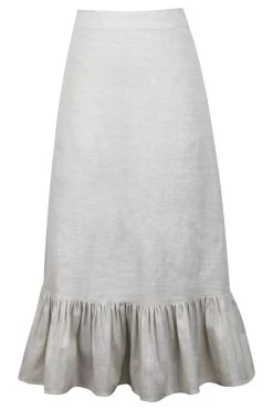 Olive – Ein Hellbeiger, Mittellanger Rock Aus Einer Leinenstoffmischung Mit Rüschensaum