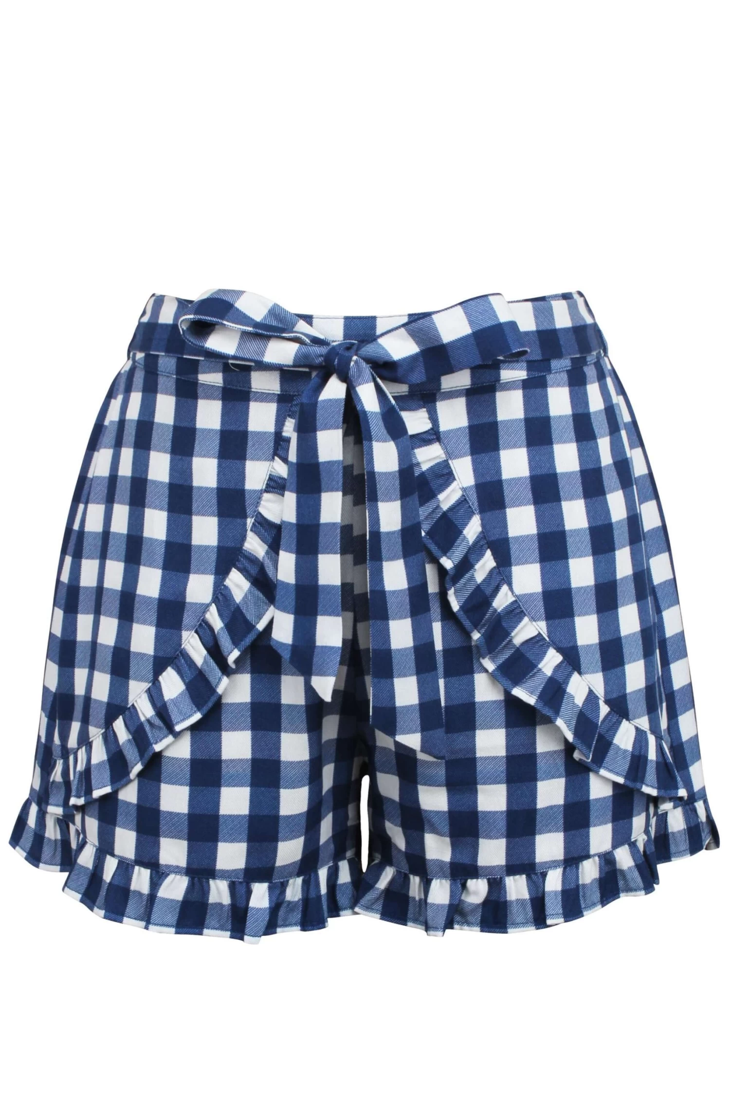 Daisy Viskose-Shorts Mit Blauem Vichykaromuster, Rüschensaum Und Bindegürtel 1 Daisy Viskose-Shorts Mit Blauem Vichykaromuster, Rüschensaum Und Bindegürtel