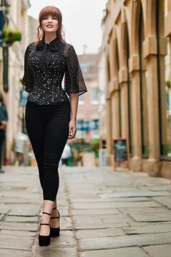 Plissierte Bluse Mit Weiten Ärmeln, Punktmuster, Schwarz -Corset Story WTS602 1 copy