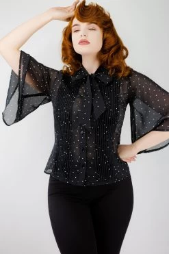 Plissierte Bluse Mit Weiten Ärmeln, Punktmuster, Schwarz -Corset Story blo 2